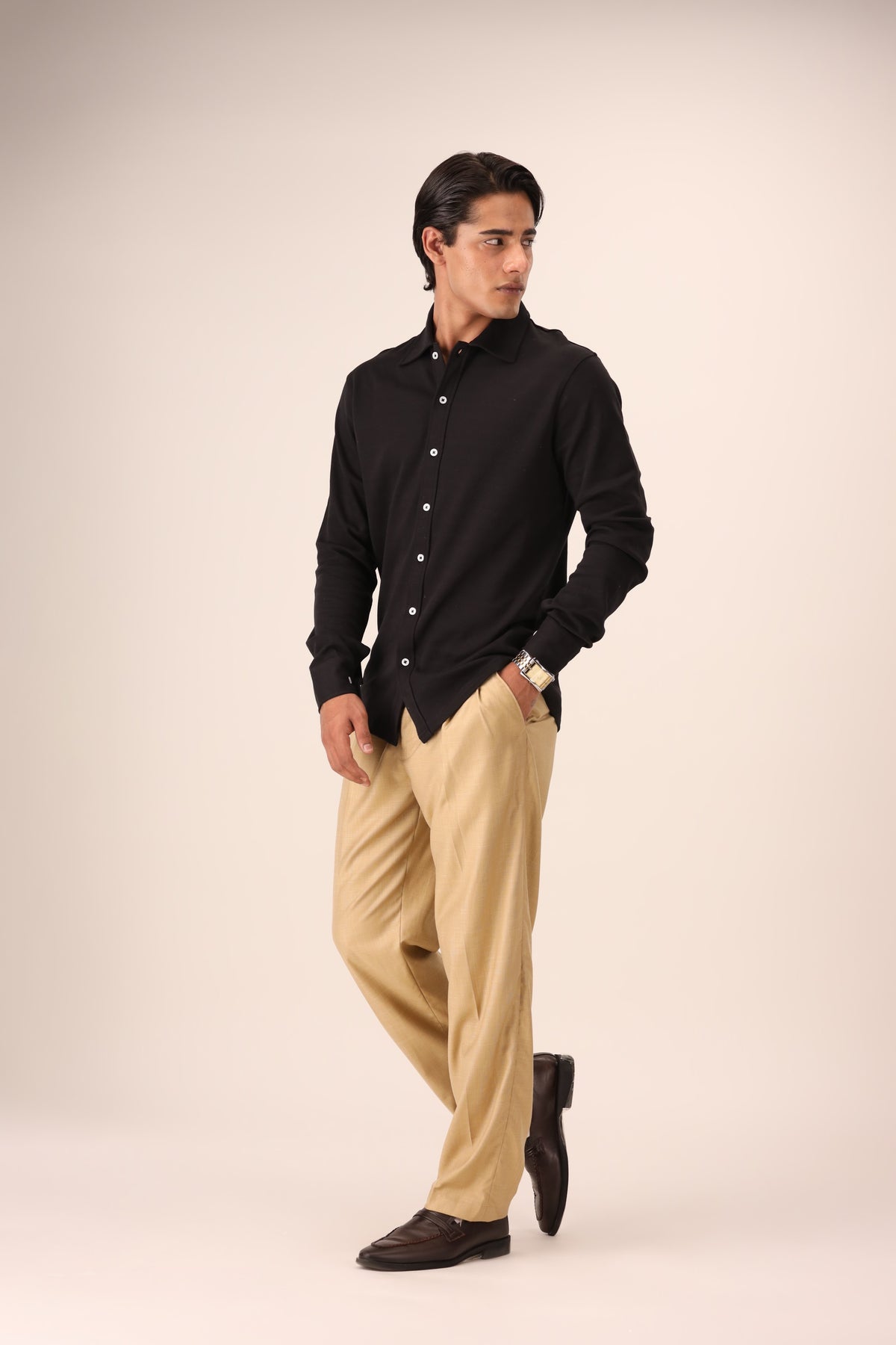 Boucle Collared Button-Up Shirt (Navy)