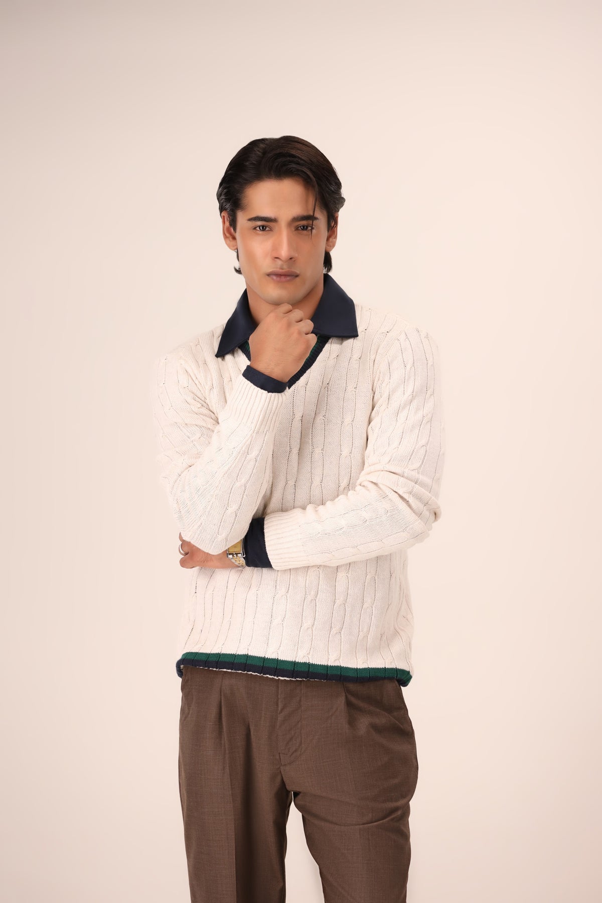 Cream Cable Knitted V-Neck Sweater