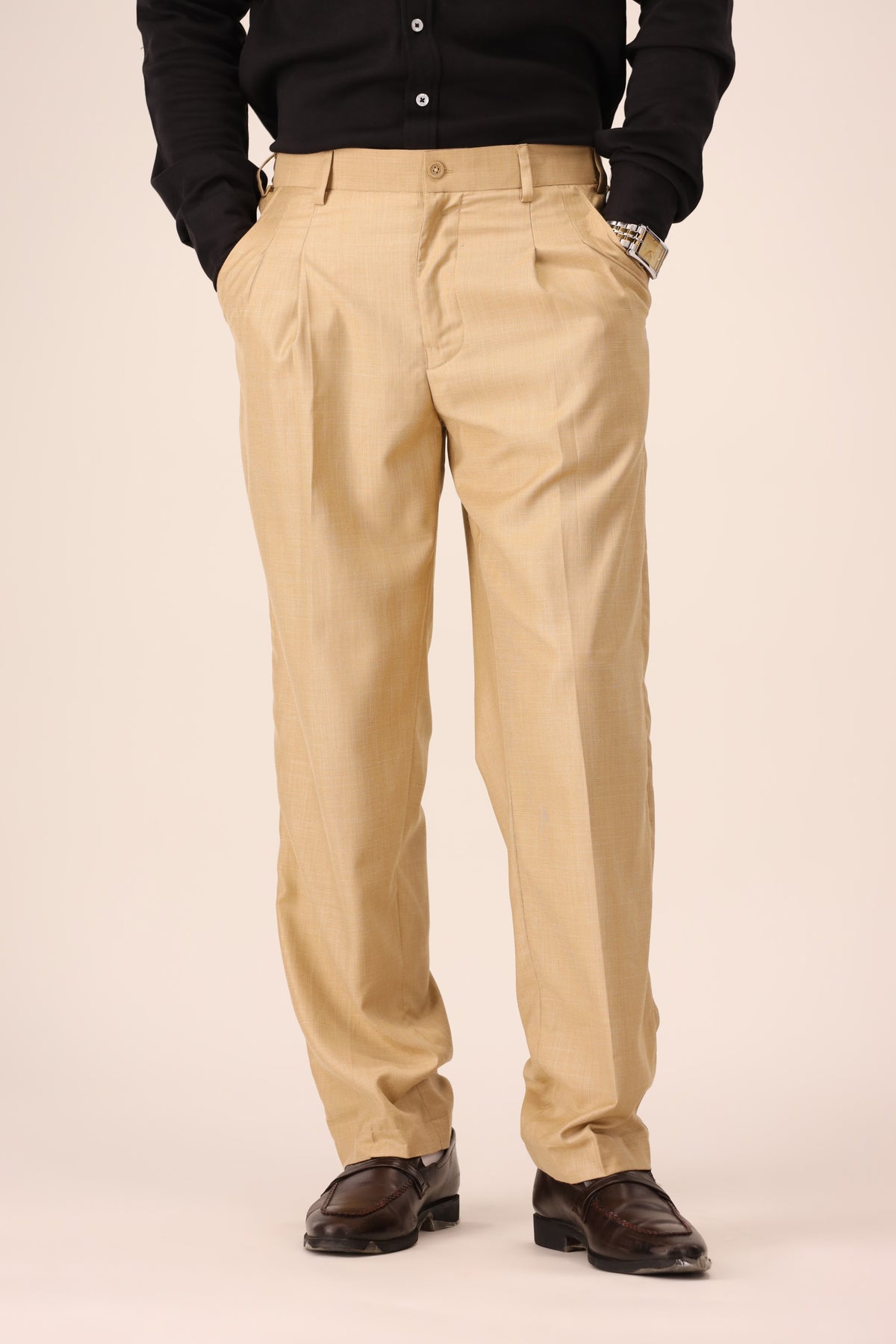 Beige Textured Pleated Trousers