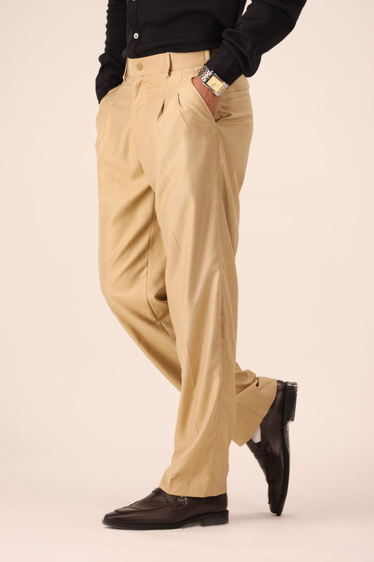 Beige Textured Pleated Trousers