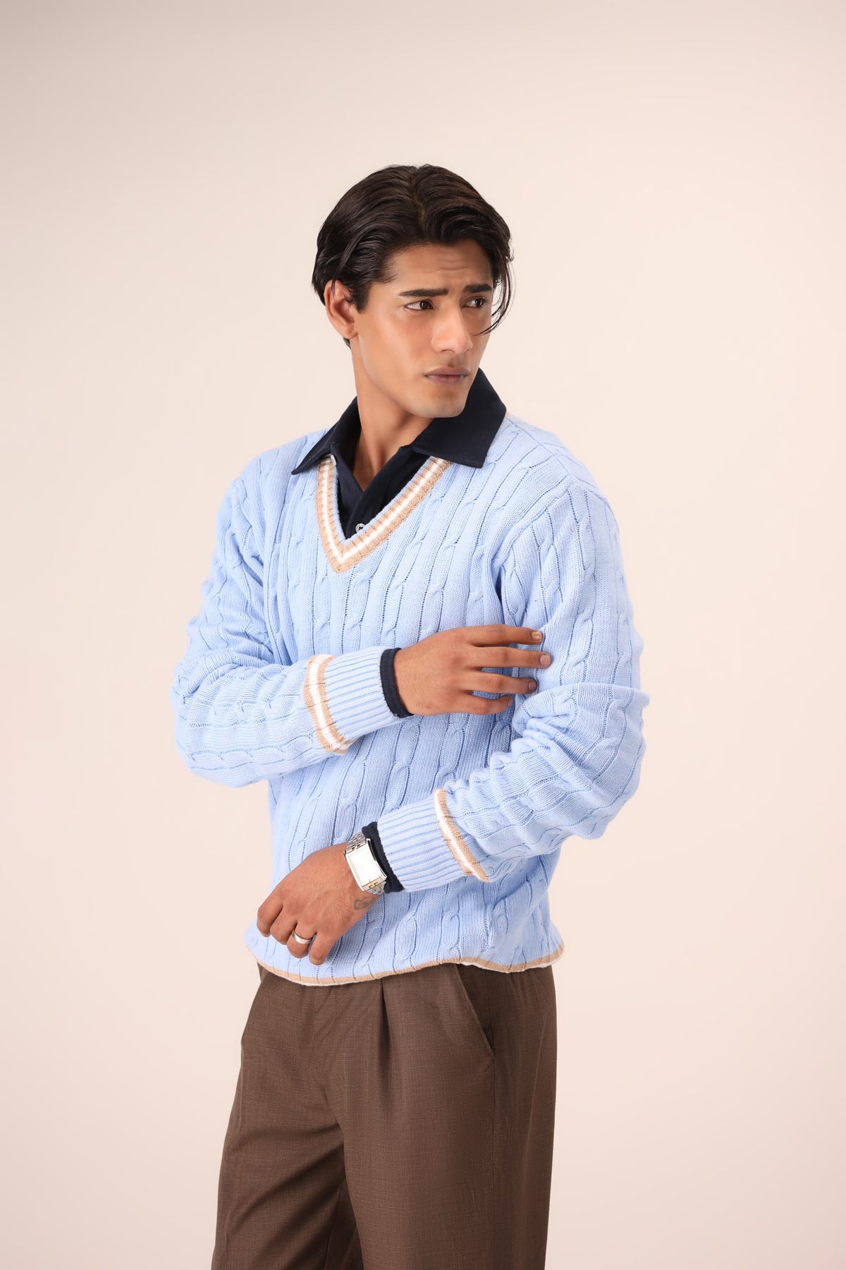 Cream Cable Knitted V-Neck Sweater