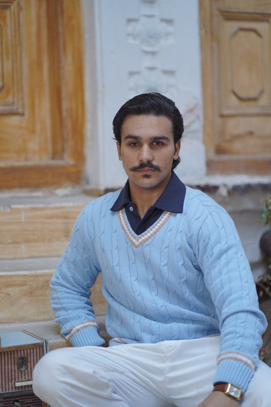 Sky blue  Cable Knitted V-Neck Sweaters