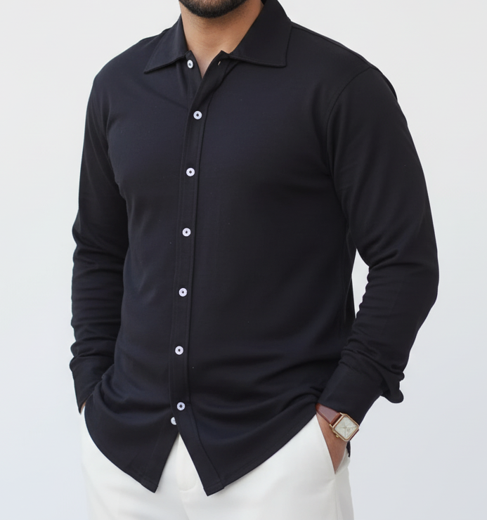Black Boucle Collared Button Up Shirts