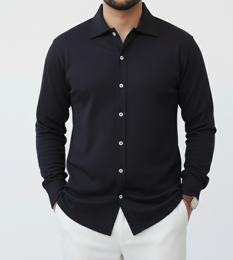 Black Boucle Collared Button Up Shirts
