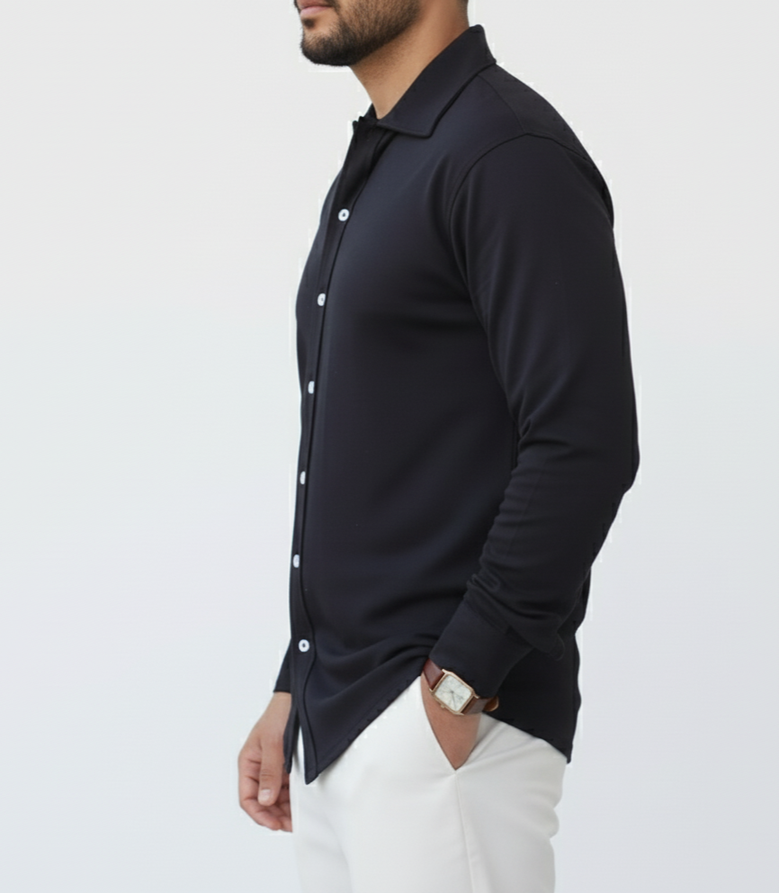 Black Boucle Collared Button Up Shirts