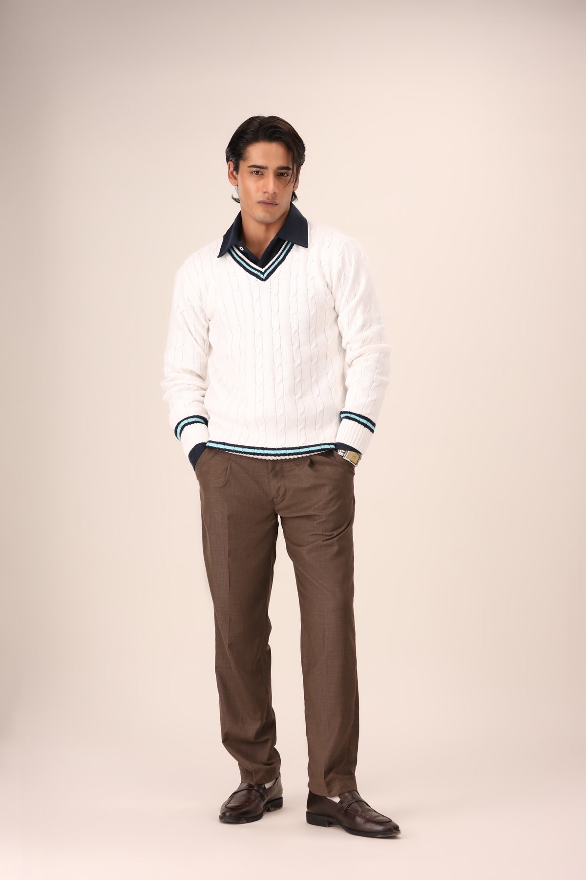 Cream Cable Knitted V-Neck Sweater