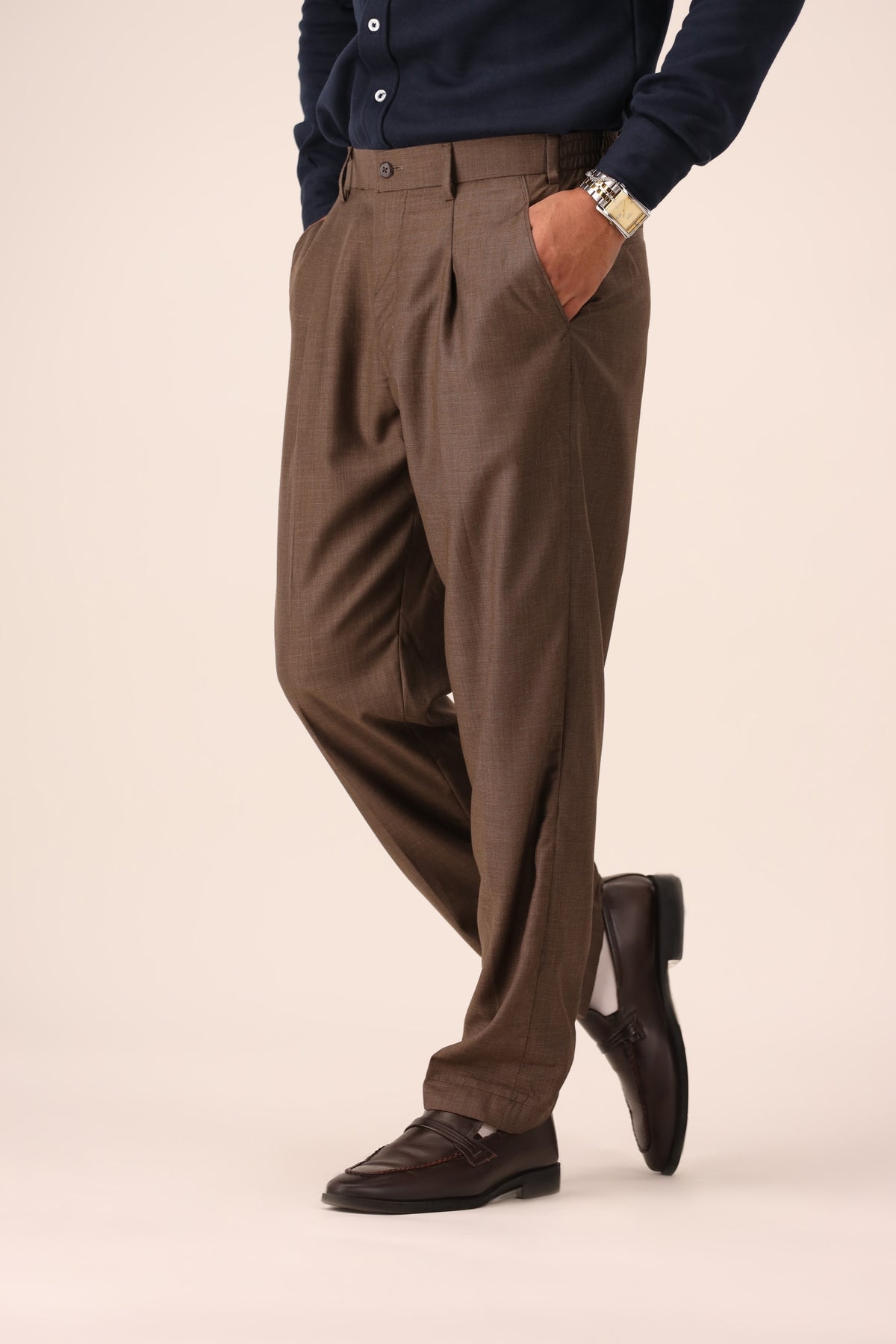 Brown Textured Pleated Trousers
