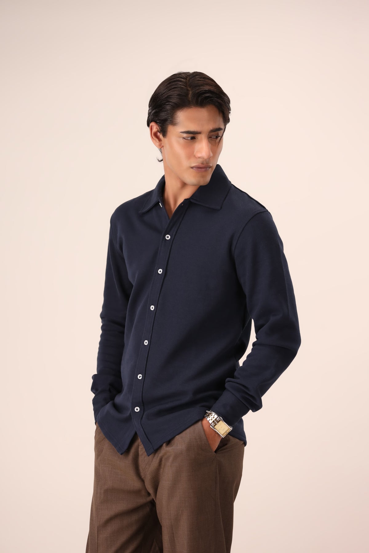 Boucle Collared Button-Up Shirt (Navy)