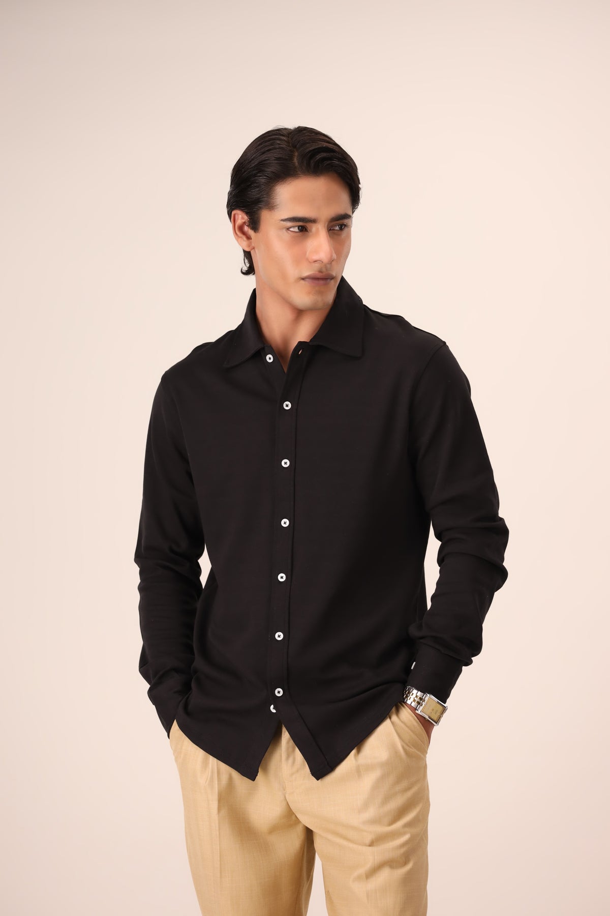Boucle Collared Button-Up Shirt (Navy)