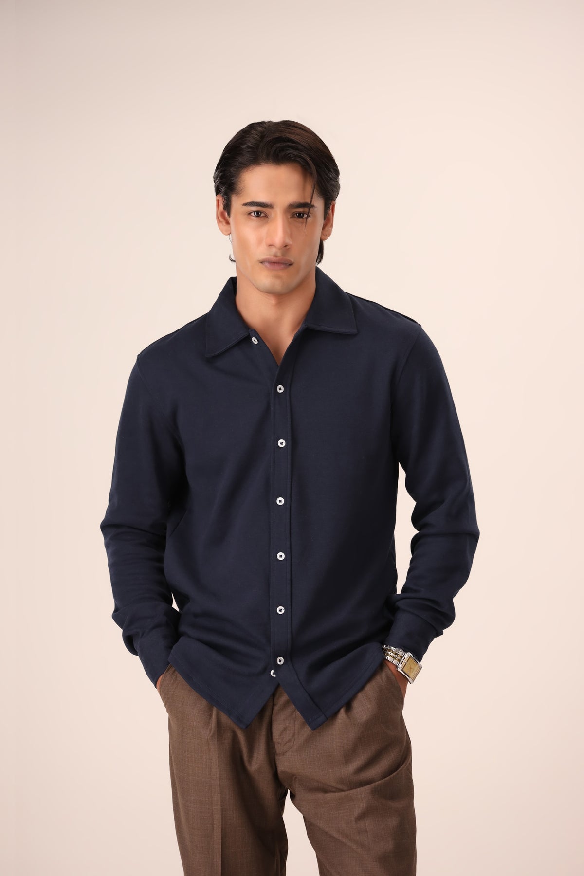 Boucle Collared Button-Up Shirt (Navy)
