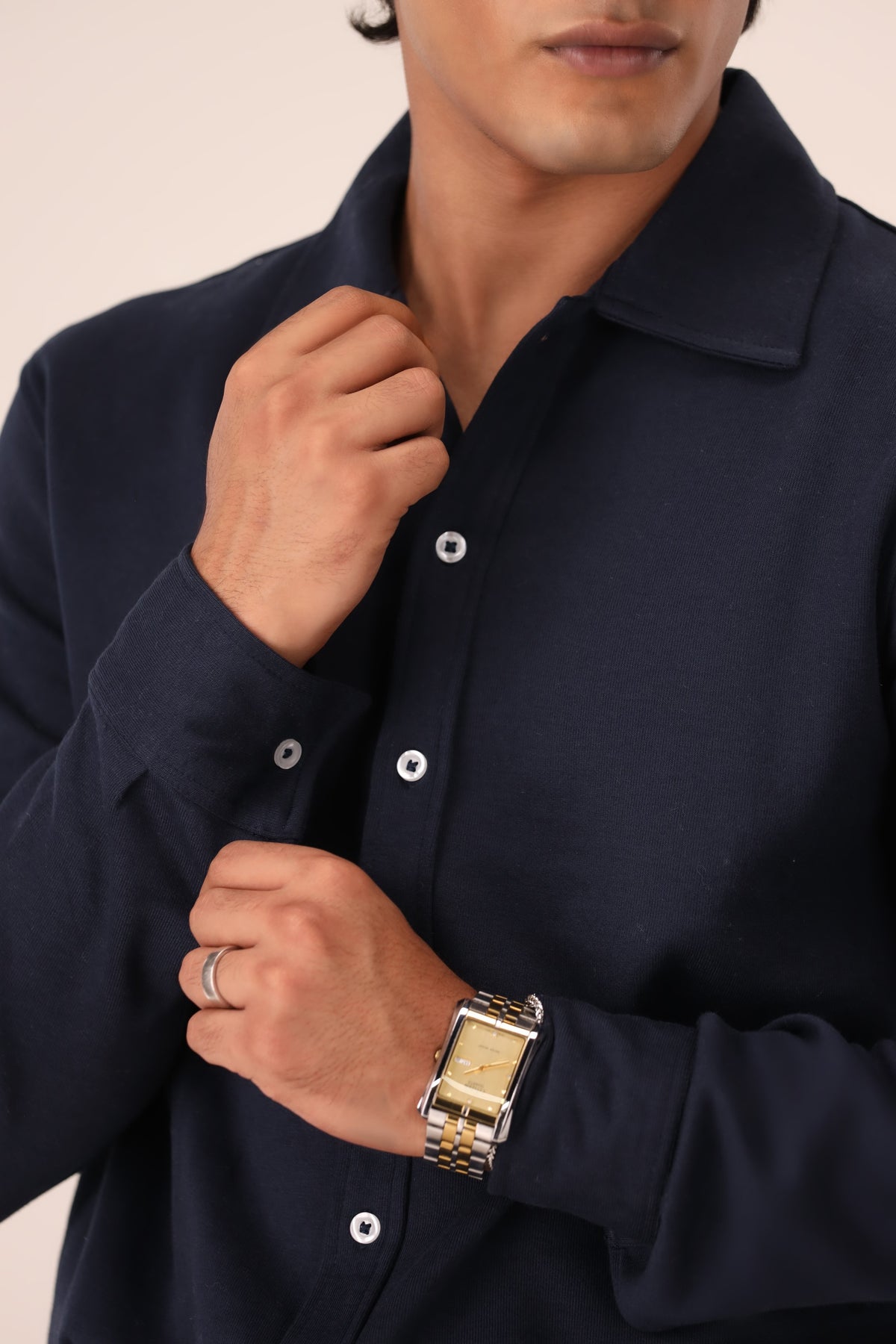 Boucle Collared Button-Up Shirt (Navy)